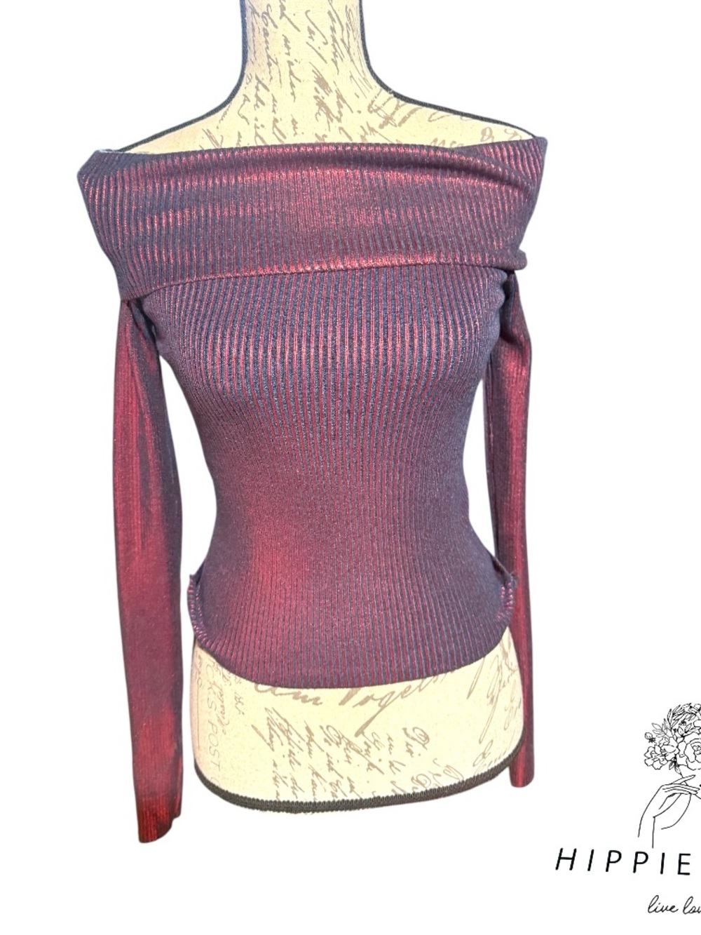 Zara Red Off-the-Shoulder Knit Foil Sweater/Top Size S